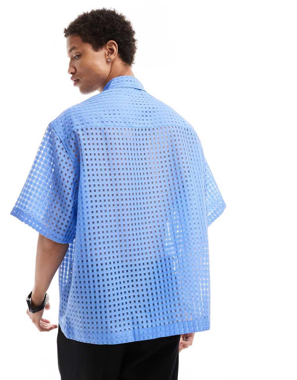 ASOS DESIGN short sleeve boxy oversized sheer gingham shirt in blue Product Image