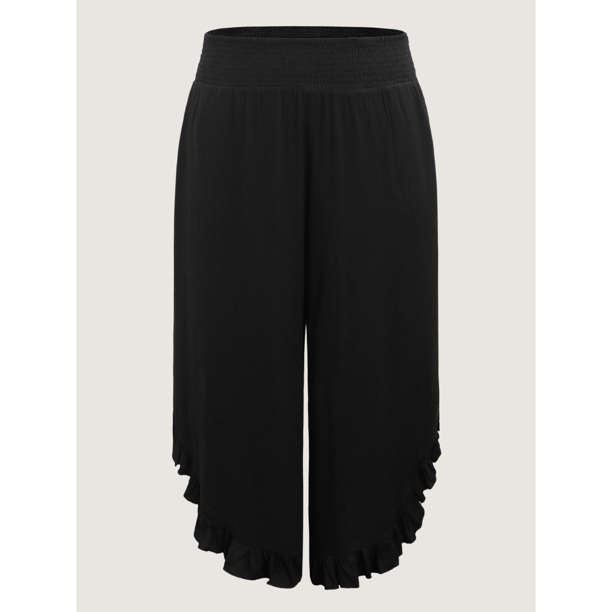 Plus Size Ruffled Curvy Hem Wide-Leg Pants Women Black Resort Wide Leg Mid Rise Vacation Pants BloomChic 26/4X Product Image