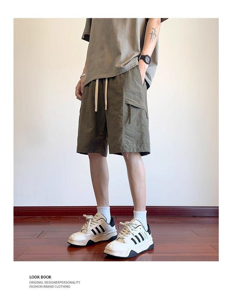 Drawstring Waist Plain Cargo Shorts Product Image