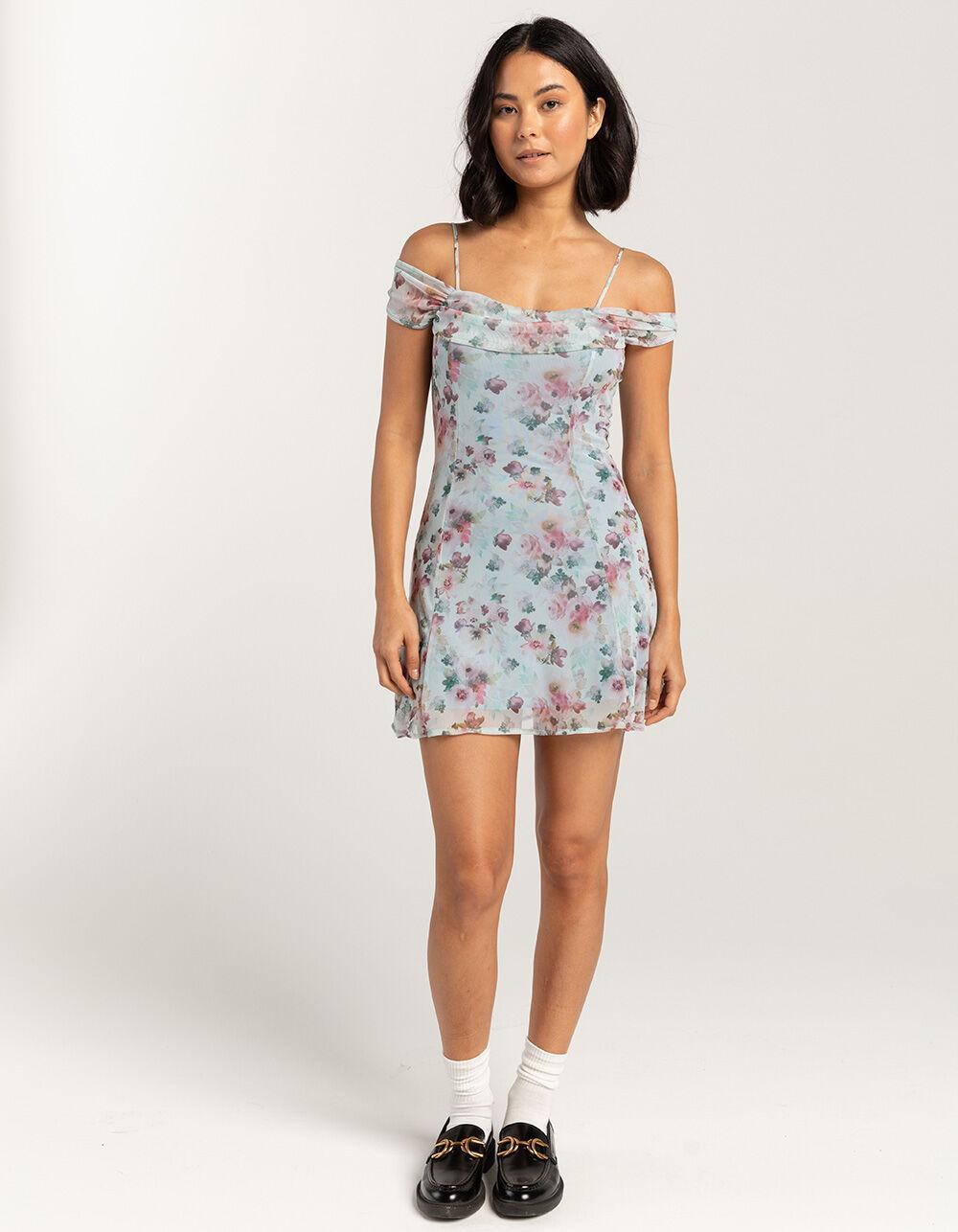 RSQ Womens Off The Shoulder Mesh Empire Dress - BLUE COMBO Product Image
