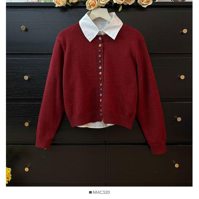 Set: Button-Up Knit Crop Top + Plain Crop Shirt Product Image