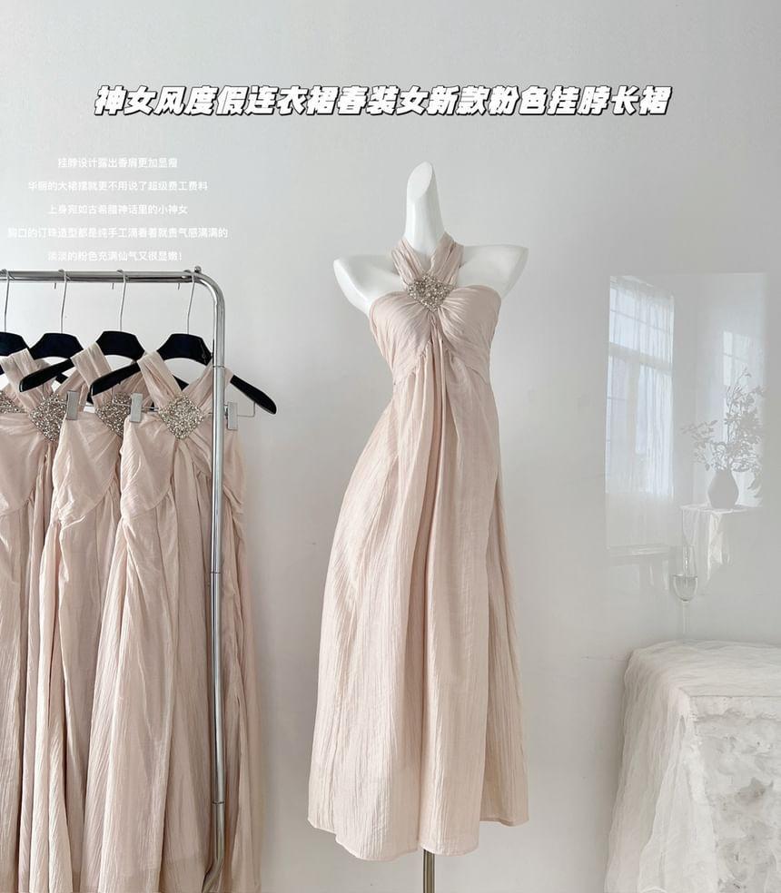 Halter Neck Plain Maxi A-Line Dress Product Image