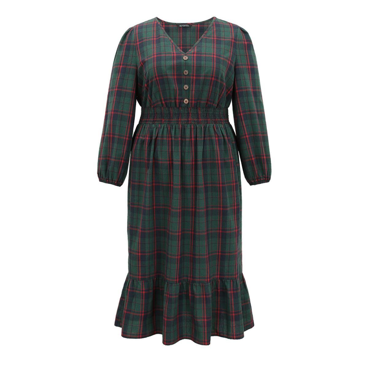 Plus Size Plaid Shirred Button Detail Ruffle Hem Dress Multicolor Women Office Elastic cuffs V-neck Long Sleeve Curvy Midi Dress BloomChic 18-20/2X Product Image