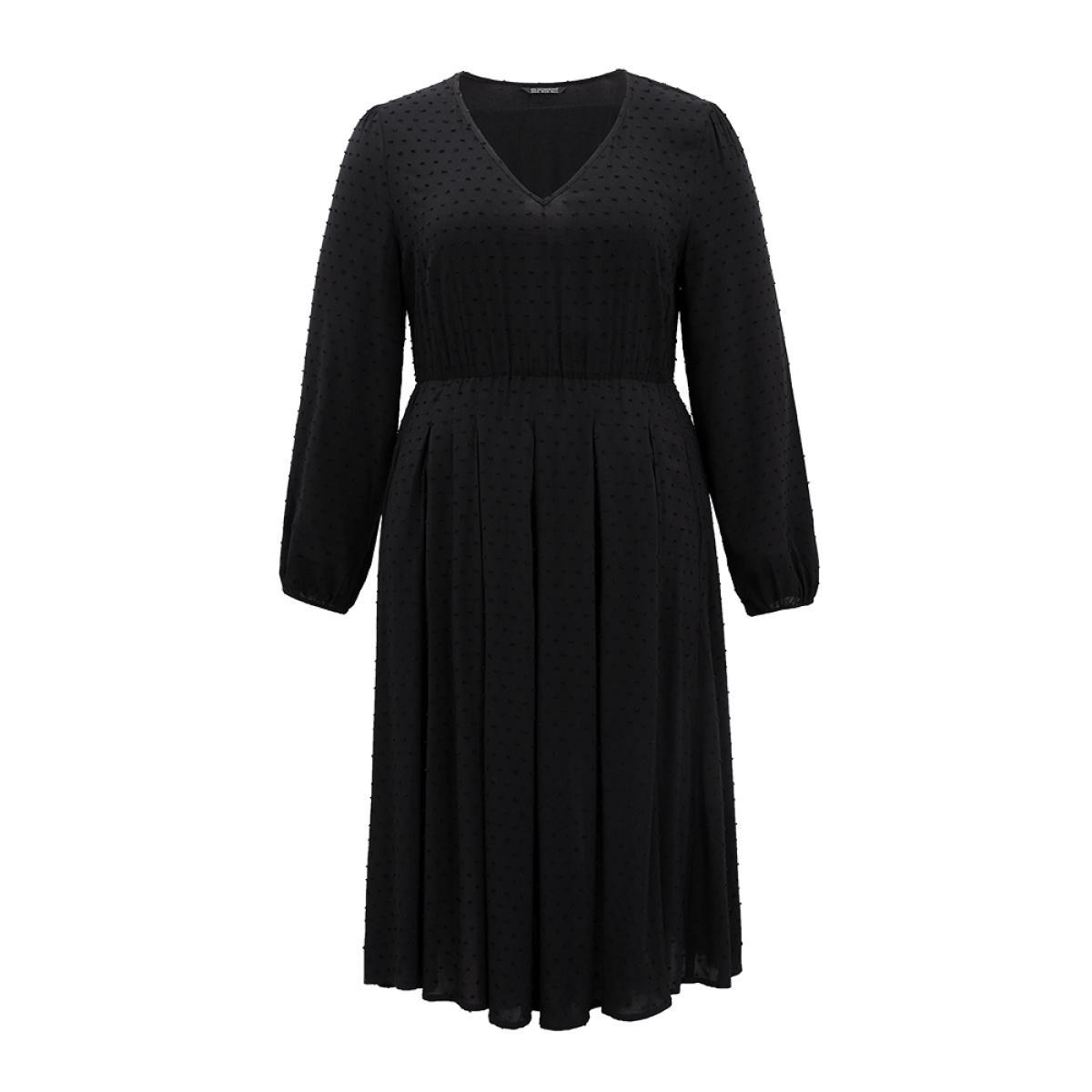 Plus Size Static-Free Solid Lantern Sleeve Pleated Dress Black Women Elegant Elastic cuffs Round Neck Long Sleeve Curvy Midi Dress BloomChic 22-24/3X Product Image