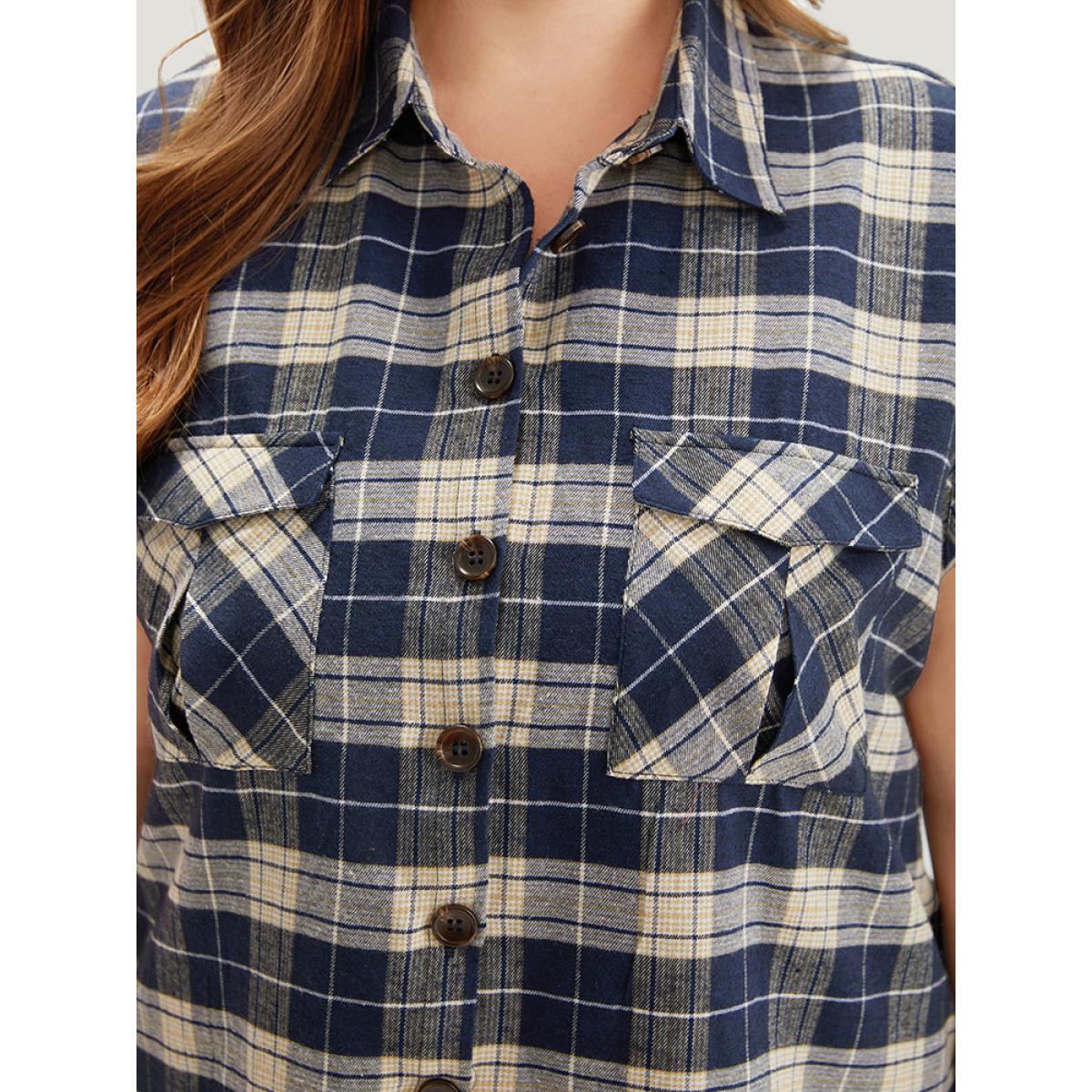 Plus Size Plaid Flap Pocket Button Up Sleeveless Jacket Women Aegean Casual Button Ladies Dailywear Winter Coats BloomChic 18-20/2X Product Image