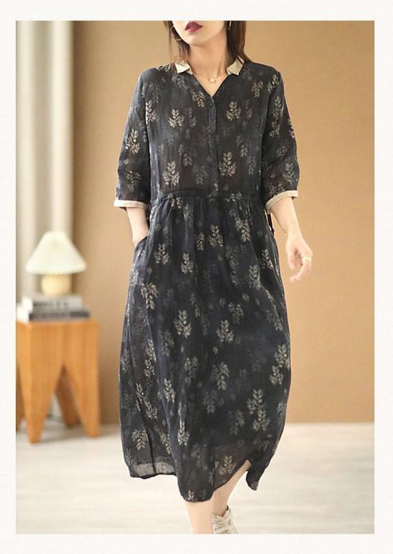 Elbow-Sleeve V-Neck Print Midi A-Line Dress Product Image