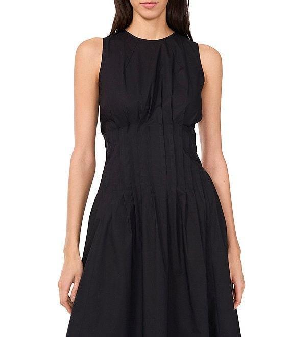 1. STATE Poplin Crew Neckline Sleeveless Pintuck Midi Fit And Flare Dress Product Image