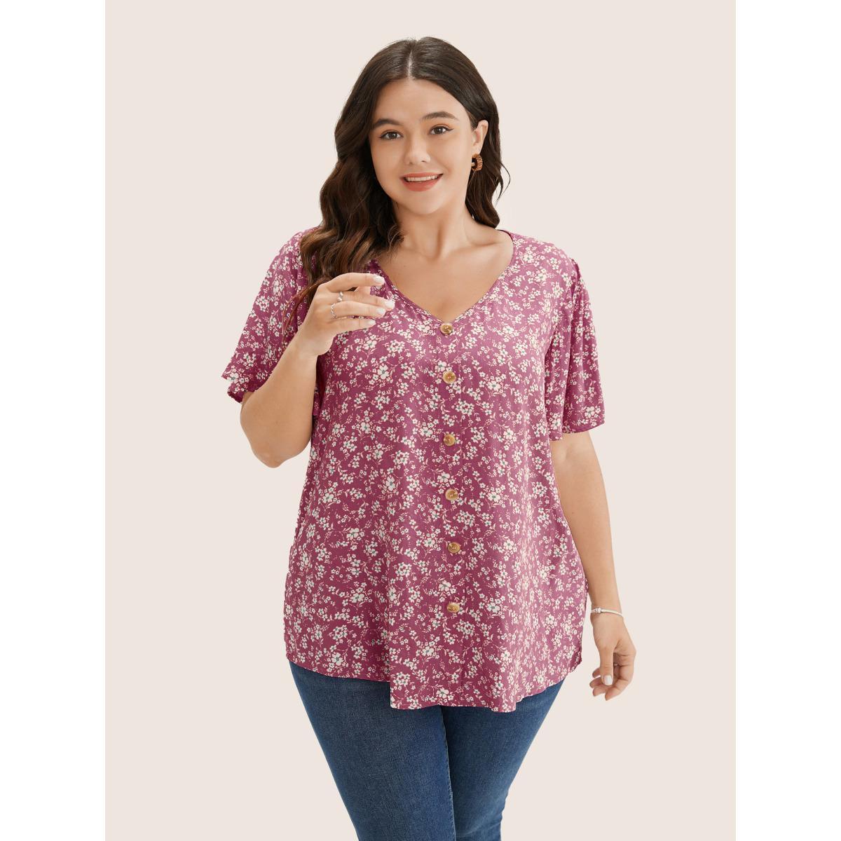 Plus Size Eggplant Ditsy Floral Contrast Ruffle Sleeve Button Detail Blouse Women Elegant Short sleeve Non Everyday Blouses BloomChic 22-24/3X Product Image