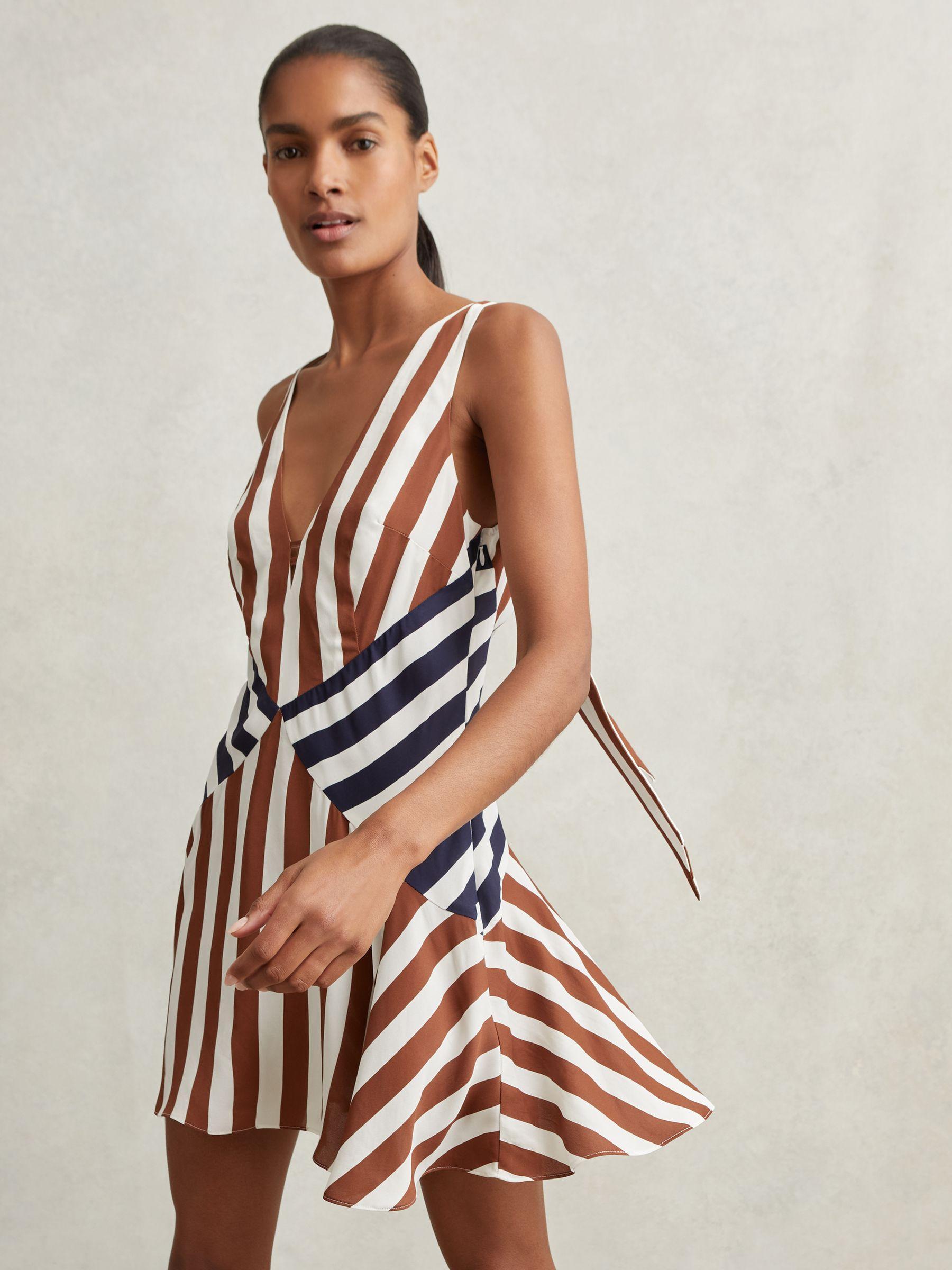 Stripe-Print Sleeveless Mini Dress in Brown/Navy Product Image