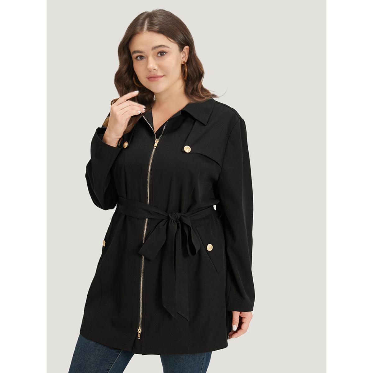 Plus Size Solid Belted Button Detail Zipper Pocket Coat Women Black Plain Pocket Belt Dailywear Jackets BloomChic 22-24/3X Product Image