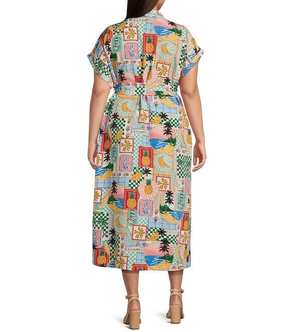 Skies Are Blue Plus Postcard Print Short Sleeve Midi Dress Product Image