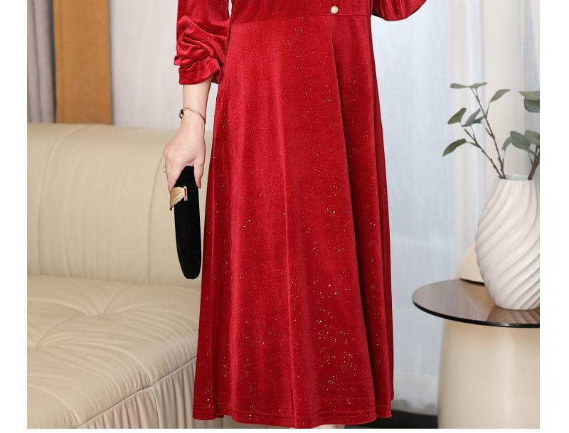 Plus Size Puff-Sleeve Square Neck Plain Lace Trim Midi A-Line Dress Product Image