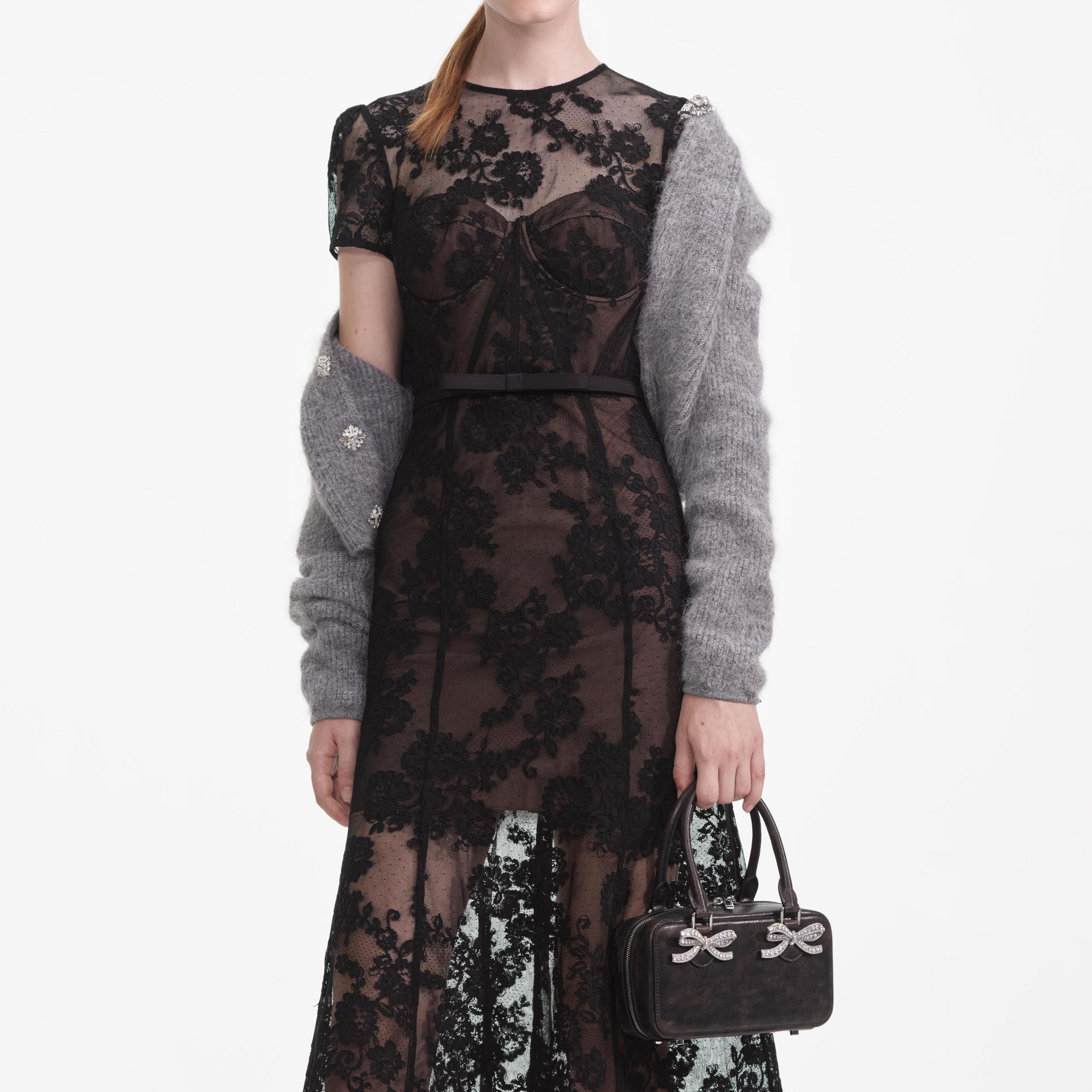 Black Lace Bustier Midi Dress Product Image