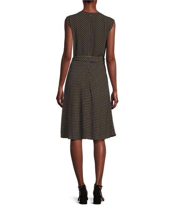 Lauren Ralph Lauren Vilodie Geometric Crepe Crew Neck Cap Sleeves Belted A-Line Midi Dress Product Image