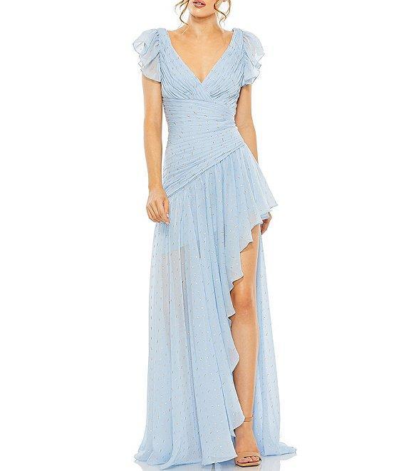 Mac Duggal Chiffon V-Neck Flutter Sleeve Ruffle Asymmetrical Hem Gown Product Image