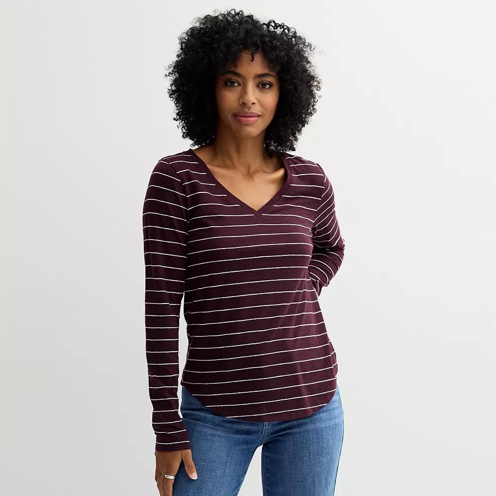 Women's Sonoma Goods For Life® Everyday Long Sleeve V-Neck Tee, Size: XL, Jam White Stripe Product Image