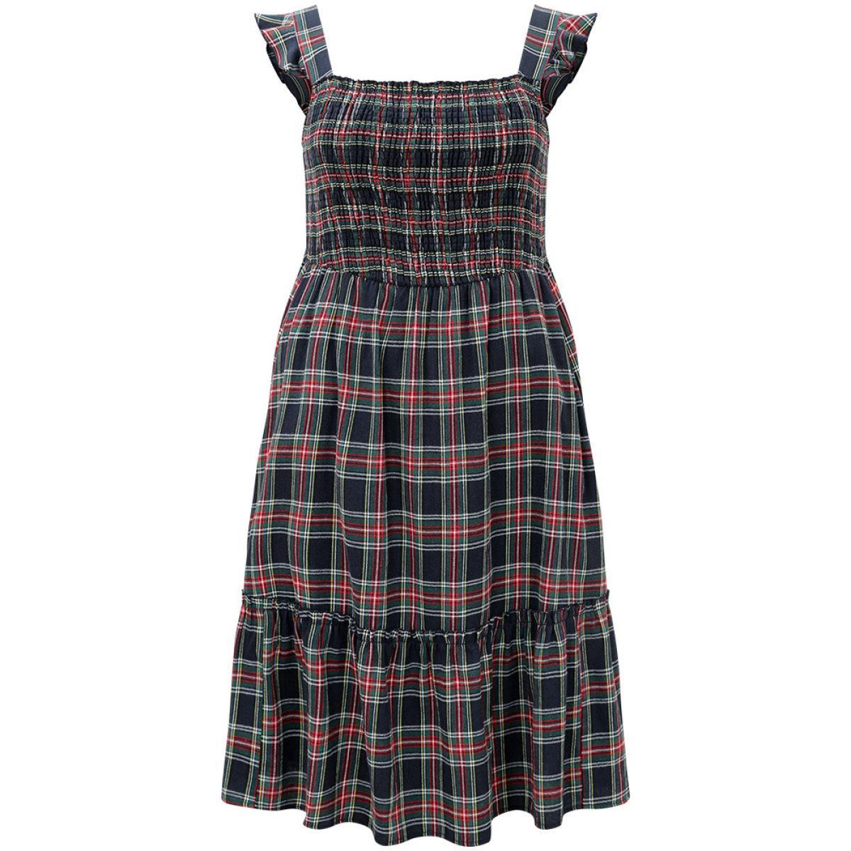 Plus Size Plaid Ruffle Trim Shirred Spaghetti Strap Dress Indigo Women Casual Printed Spaghetti Strap Sleeveless Curvy Midi Dress BloomChic 10/M Product Image