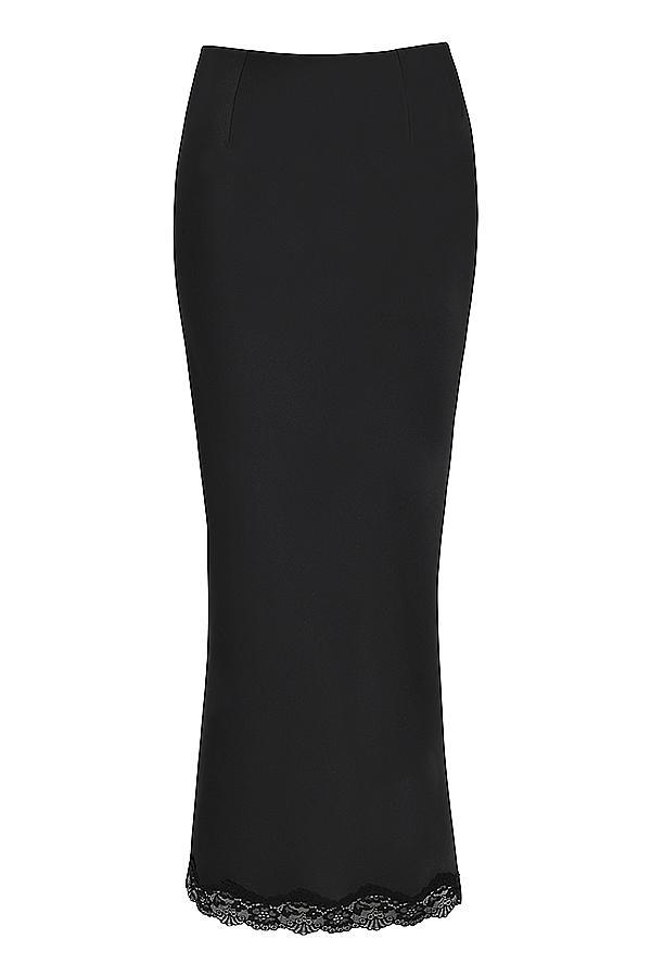 Ruby  black satin lace trim midi skirt Product Image