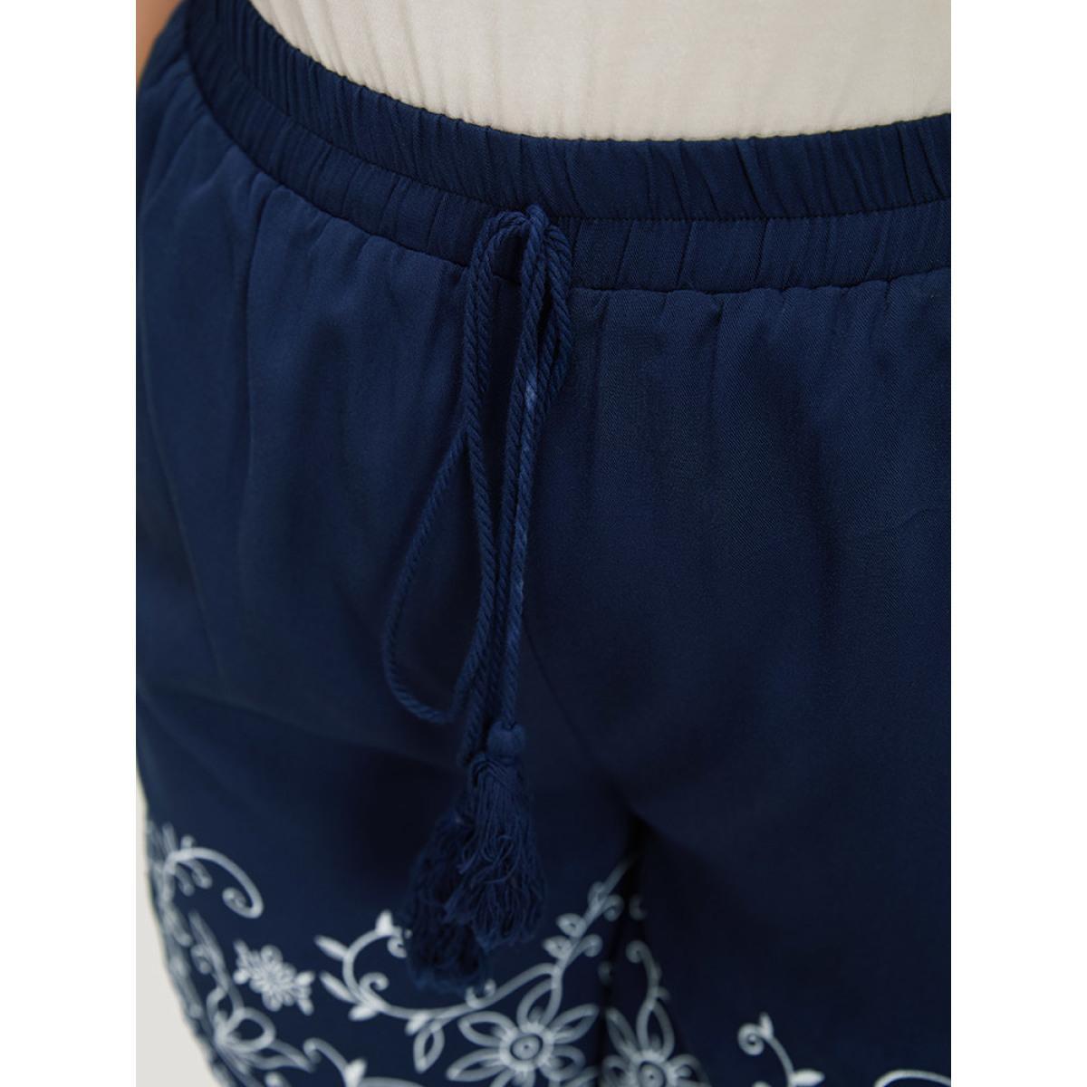 Plus Size Floral Embroidered Pocket Knotted Lettuce Trim Shorts Women Indigo Vacation Knotted Dailywear Shorts BloomChic 12/L Product Image