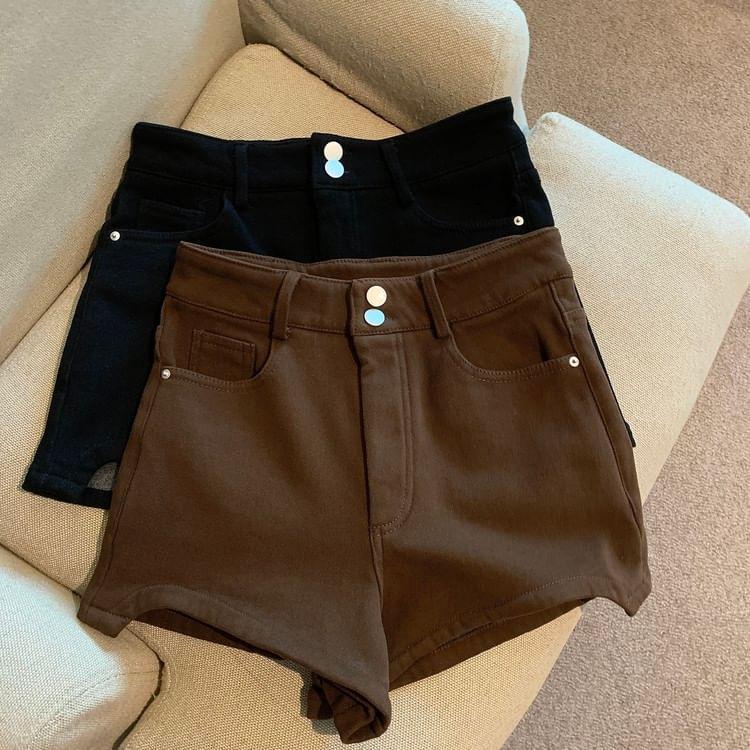 High Waist Plain Asymmetrical Denim Hot Pants Product Image