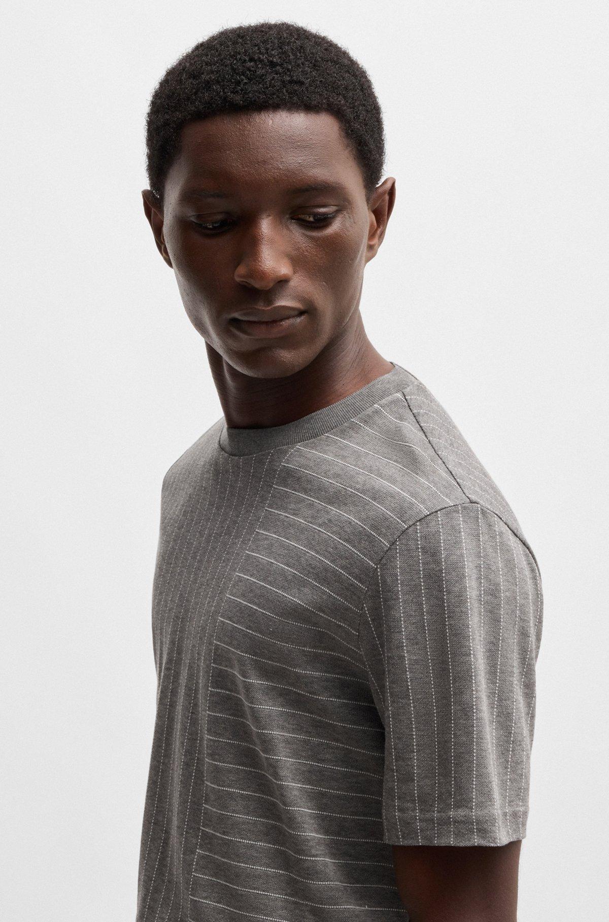 BOSS - Mercerized-cotton T-shirt with mixed stripes - Grey Product Image