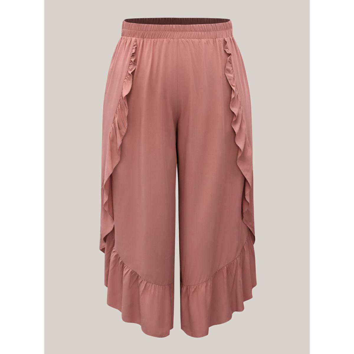 Plus Size Lotus Leaf Edge Solid Wide-Leg Pants Women Rouge Resort Wide Leg Mid Rise Vacation Pants BloomChic 10/M Product Image