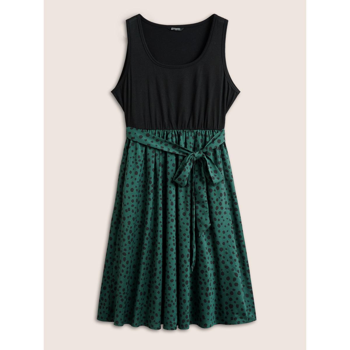 Plus Size Scoop Neck Leopard Patchwork Belted Dress Cyan Women Casual Non Sleeveless Curvy Midi Dress BloomChic 22-24/3X Product Image