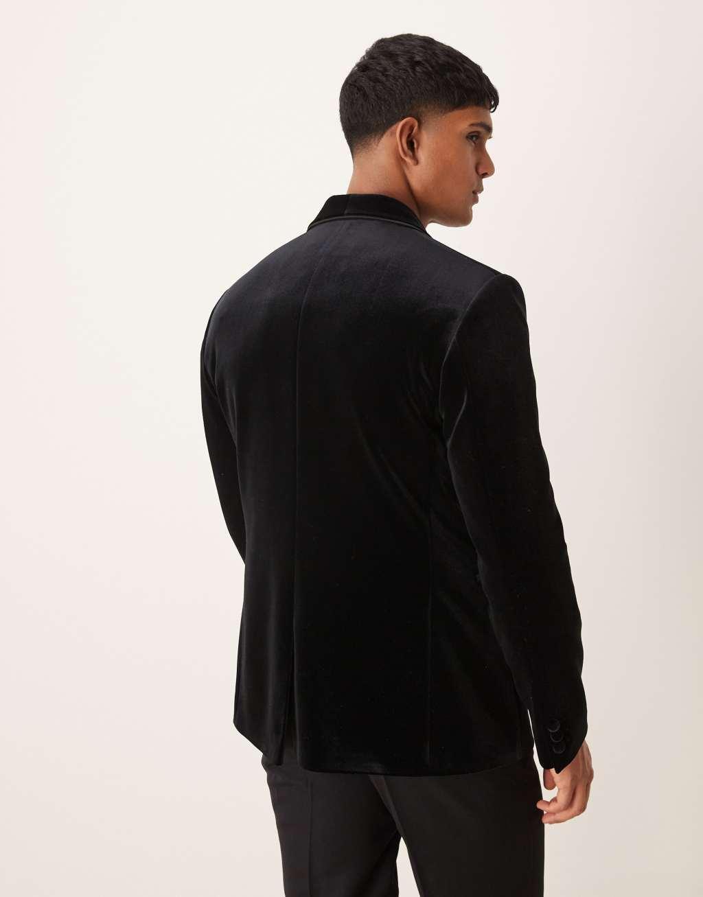 ASOS DESIGN slim shawl lapel tuxedo blazer in black velvet Product Image