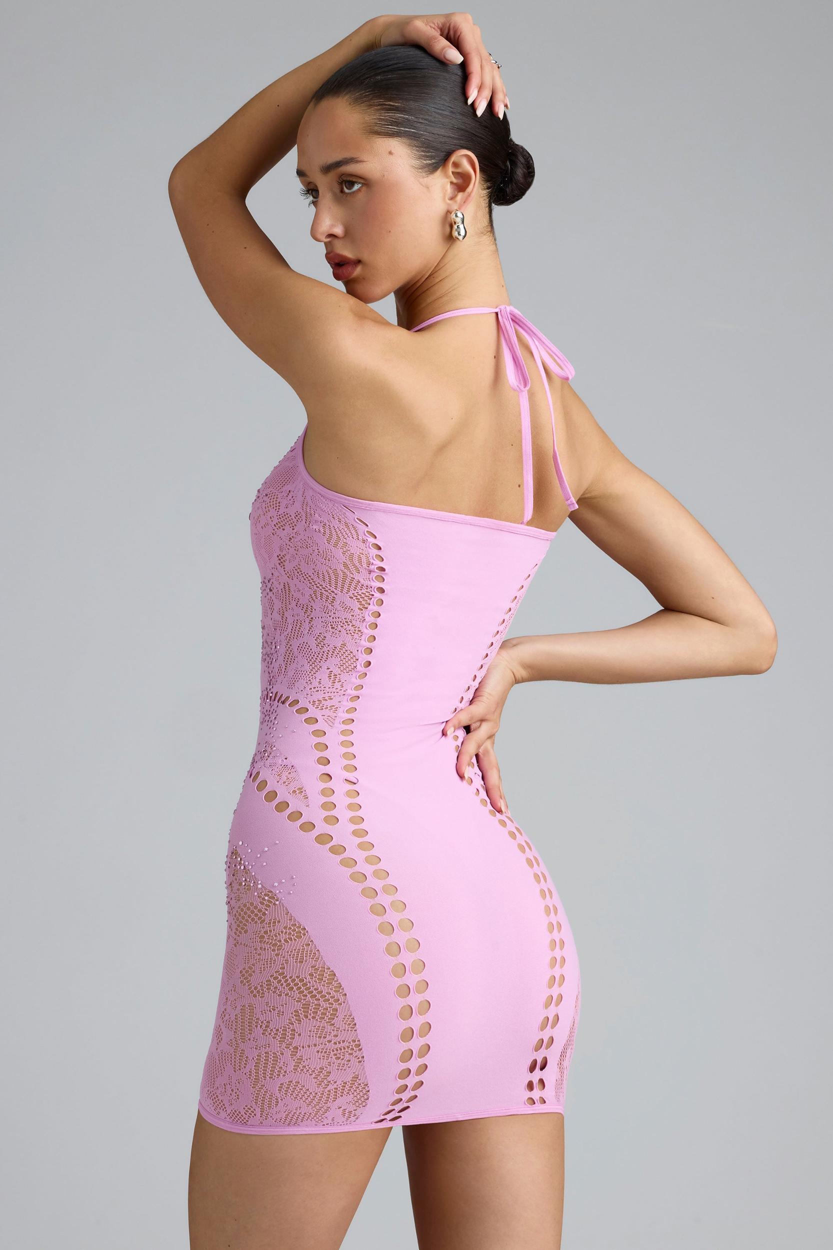 Embellished Halterneck Mini Dress in Violet Pink Product Image