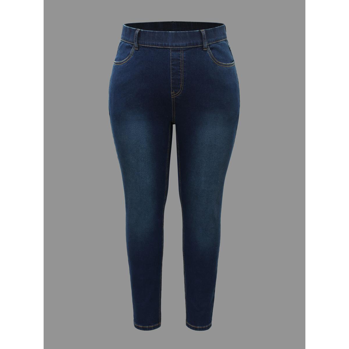 Plus Size Elastic Waist Mid Rise Skinny Jeans Women Denimindigo Elegant Medium stretch Slanted pocket Jeans BloomChic 10/M Product Image