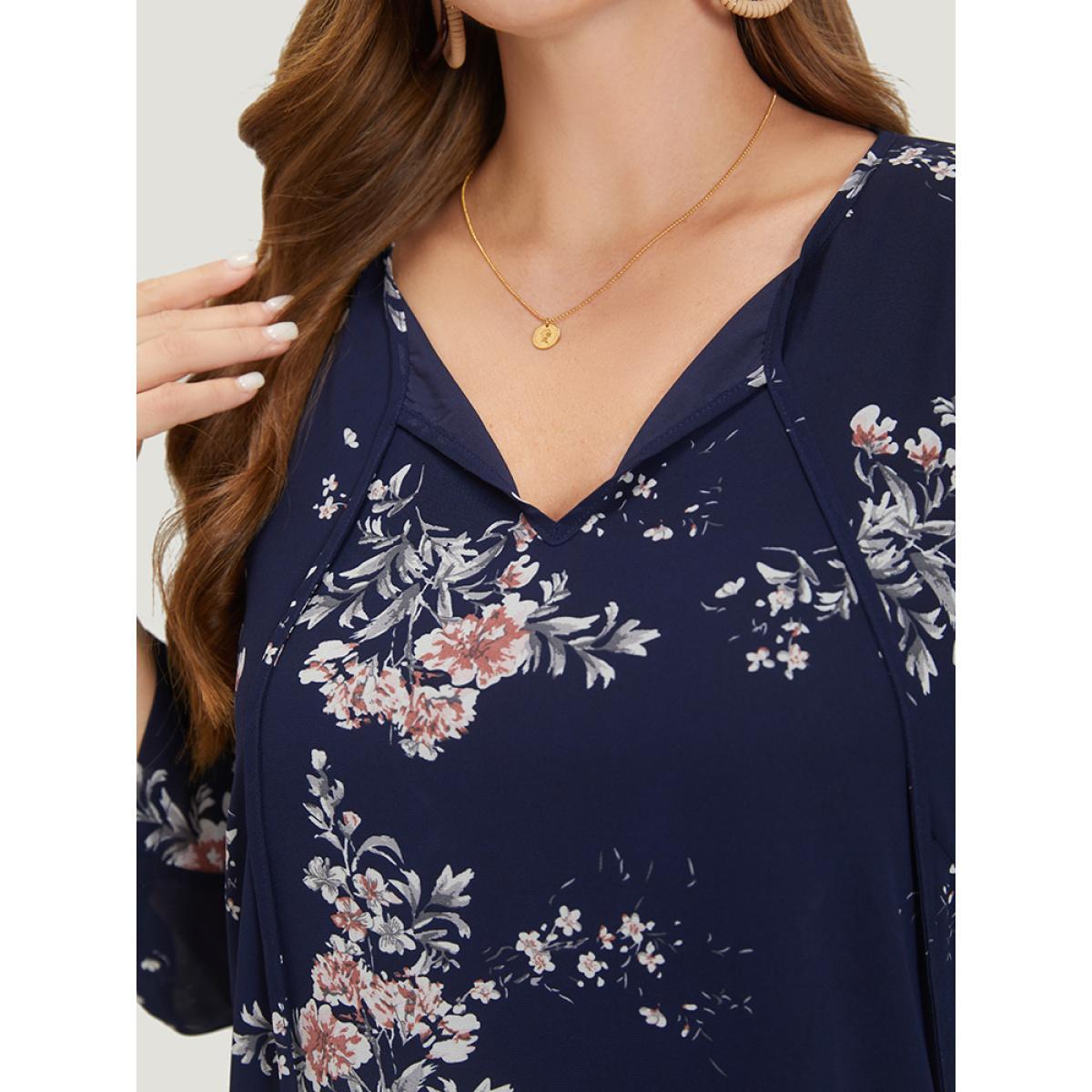 Plus Size Indigo Floral Print Knot Neck Mesh Tab Sleeve Blouse Women Elegant Elbow-length sleeve Tie Neck Dailywear Blouses BloomChic 26/4X Product Image