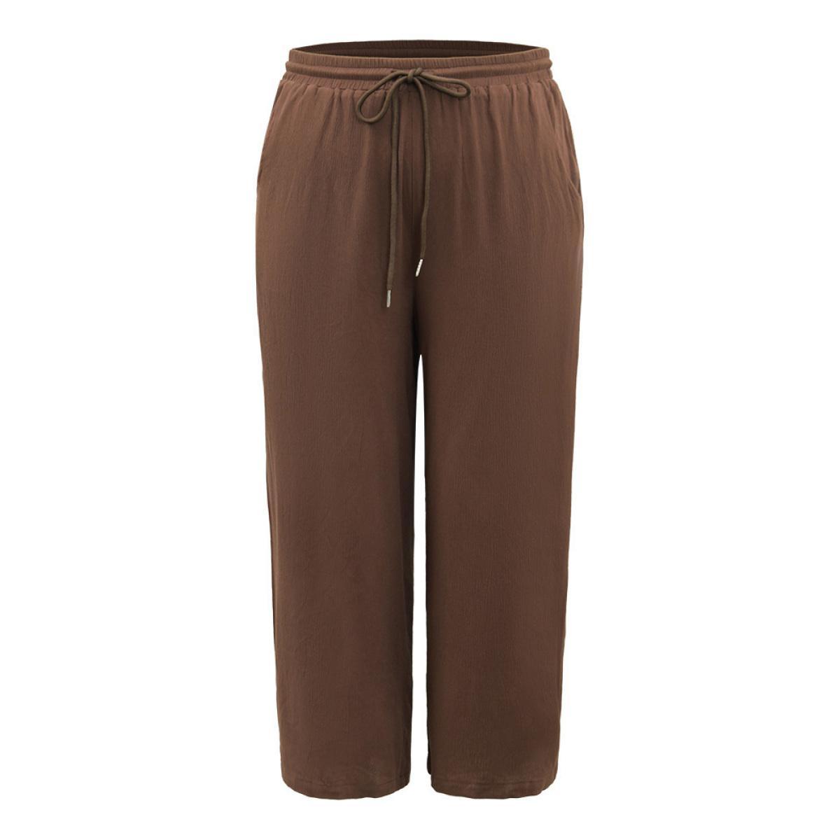 Plus Size Plain Drawstring Elastic Waist Straight Leg Pants Women DarkBrown Casual Harem High Rise Dailywear Pants BloomChic 12/L Product Image