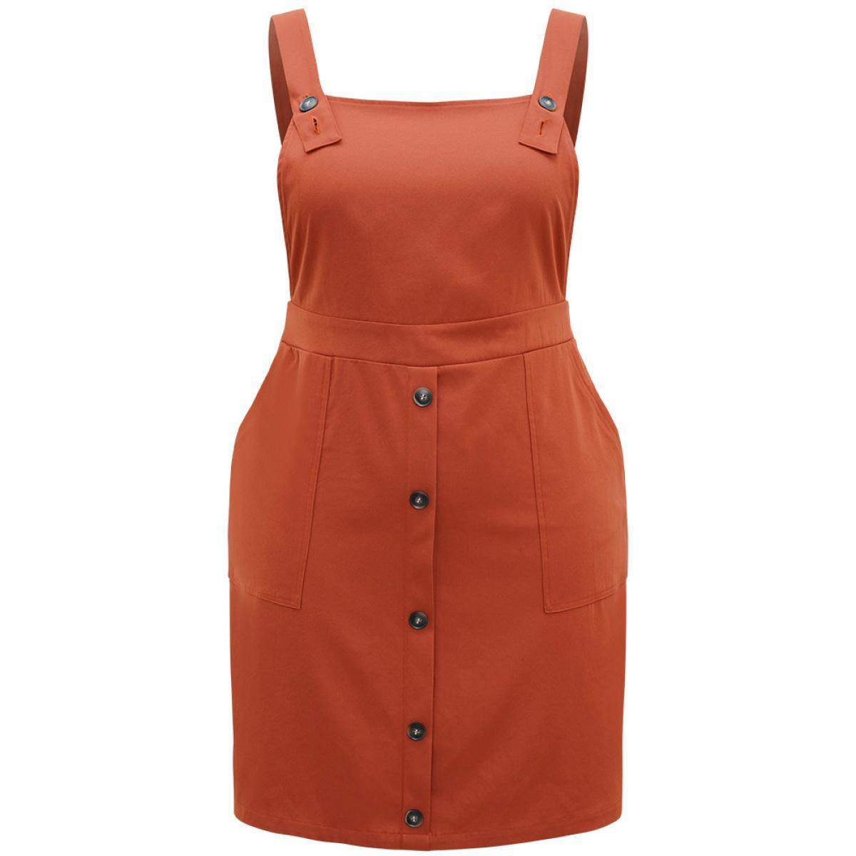 Plus Size Plain Button Up Pocket Suspender Skirt Brown Women Casual Adjustable Straps Spaghetti Strap Sleeveless Curvy Knee Dress BloomChic 30/6X Product Image