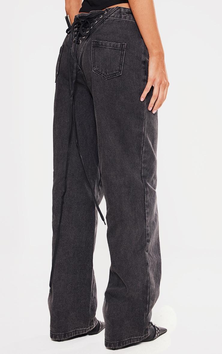 Petite Black Acid Wash Lace Up Back Wide Leg Jeans Product Image