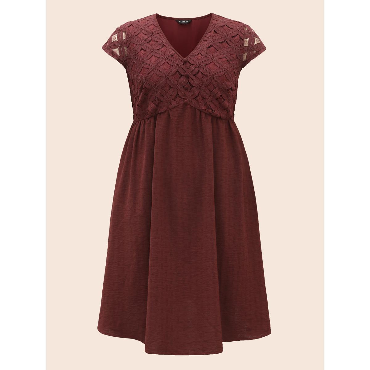 Plus Size Plain Lace Panel Cap Sleeve Dress Denimburgundy Women Elegant Texture V-neck Cap Sleeve Curvy BloomChic 10/M Product Image