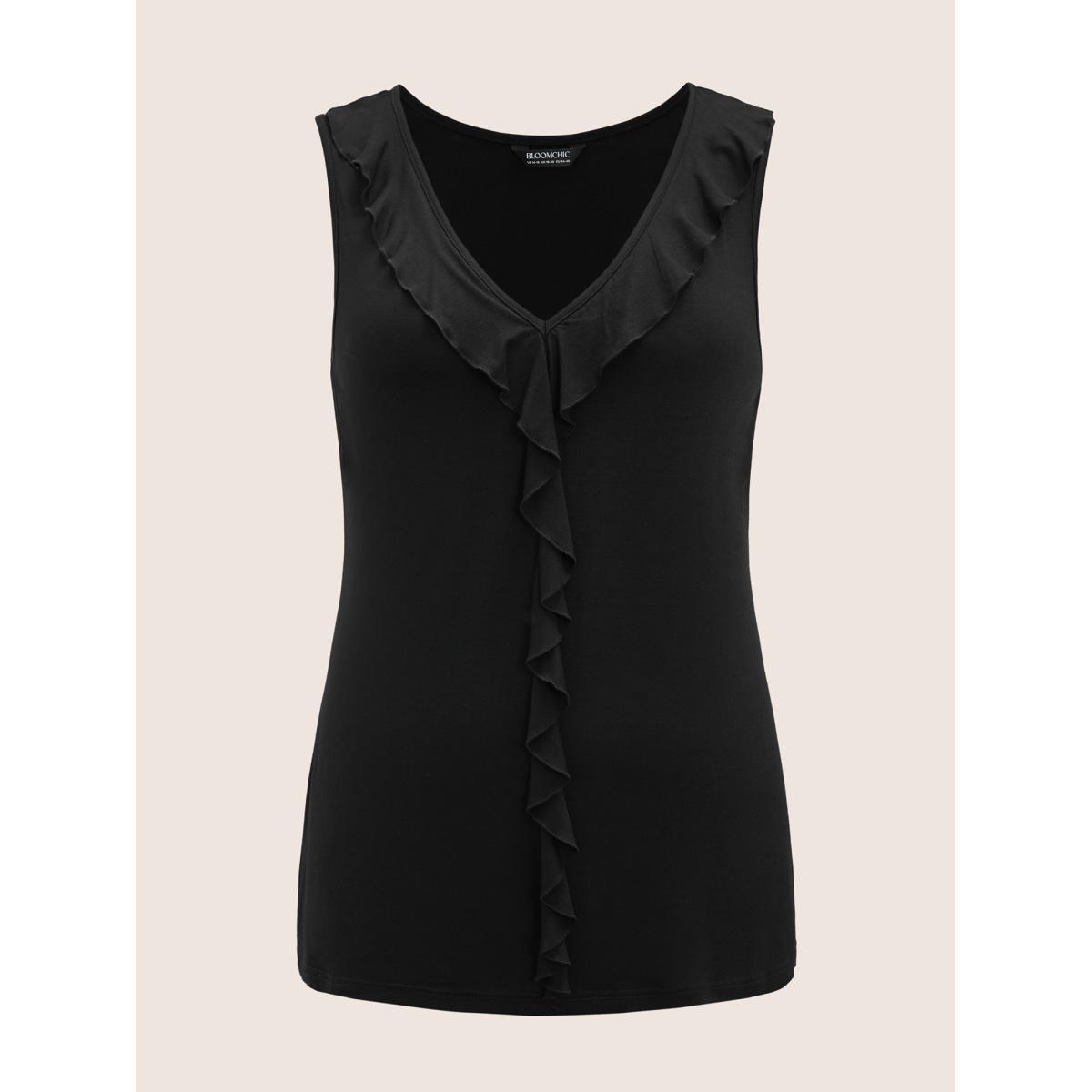 Plus Size Supersoft Essentials V Neck Ruffle Trim Tank Top Women Black Elegant Ruffles V-neck Everyday Tank Tops Camis BloomChic 30/6X Product Image