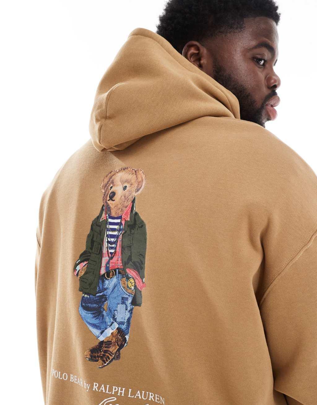 Polo Ralph Lauren Big & Tall explorer bear back print fleece hoodie in camel Product Image