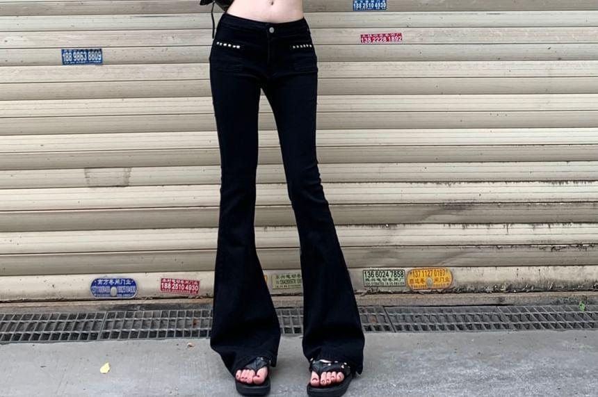 Mock Neck Plain Ribbed Knit Crop Tank Top / Low Rise Studded Flared Jeans Product Image