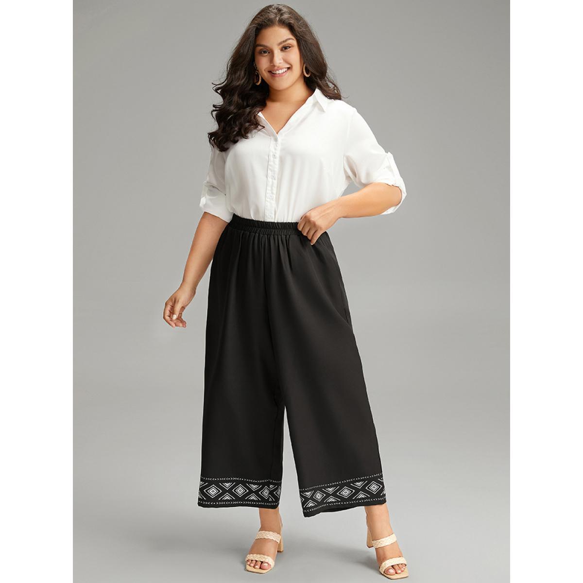 Plus Size Boho Print Elastic Waist Straight Leg Pants Women Black Vacation Straight Leg High Rise Dailywear Pants BloomChic 10/M Product Image