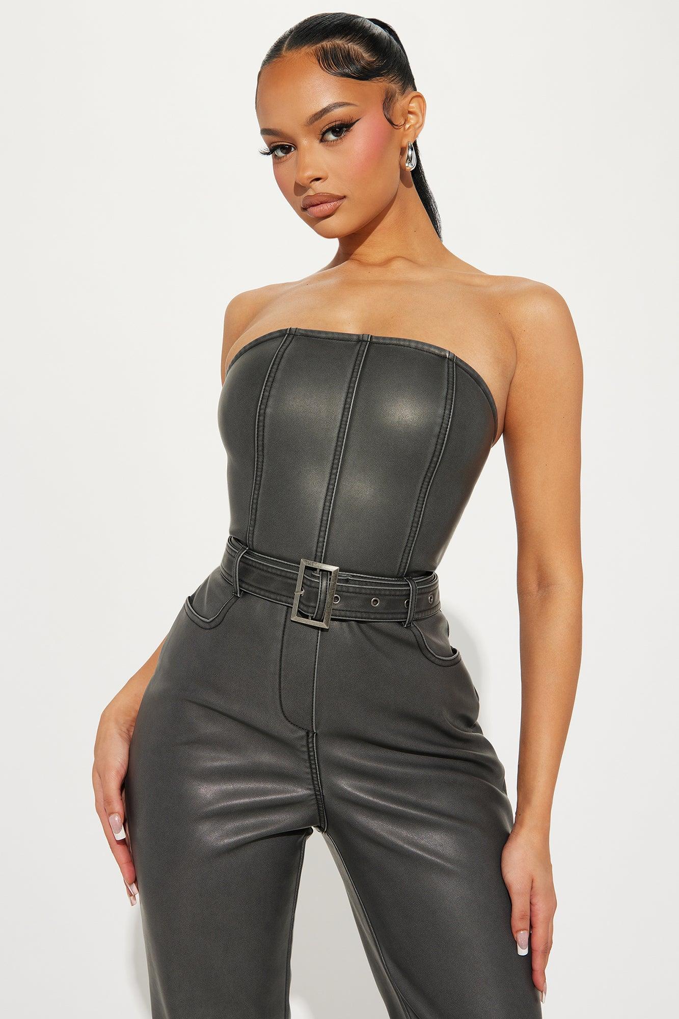 Riding Down This Road Faux Leather Jumpsuit - Charcoal Product Image