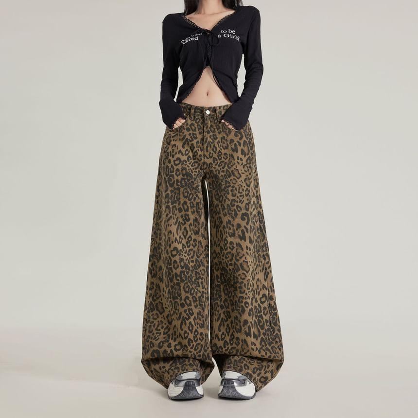 Low Waist Leopard Print Wide Leg Jeans (Various Designs) Product Image
