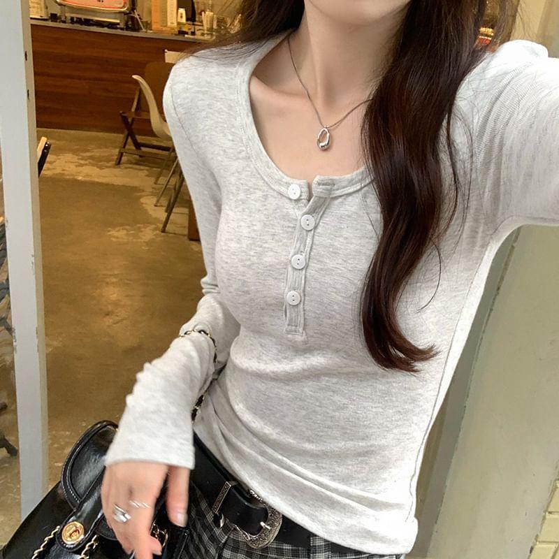 Long-Sleeve Henley Slim Fit Tee Product Image