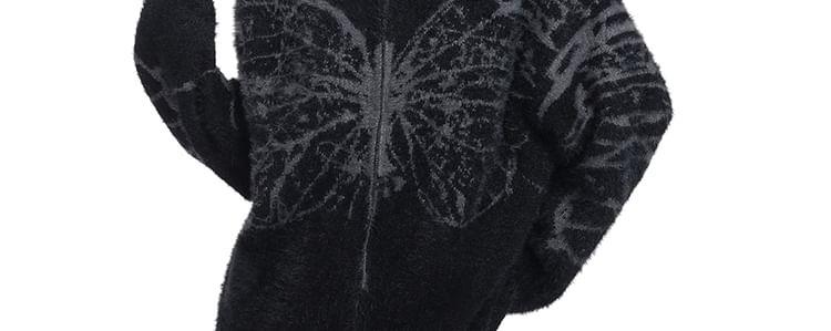 Couple Matching Stand Collar Butterfly Patterned Zip Cardigan Product Image