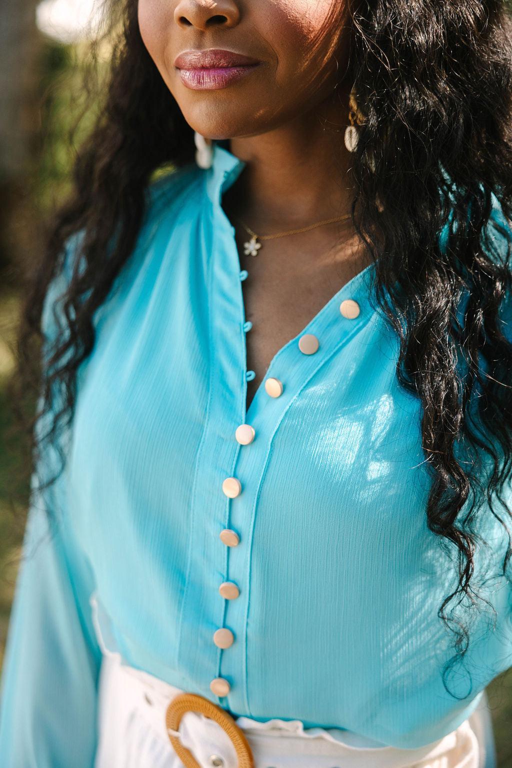 Keep On Hoping Aqua Button Front Long Sleeve Blouse SALE Product Image