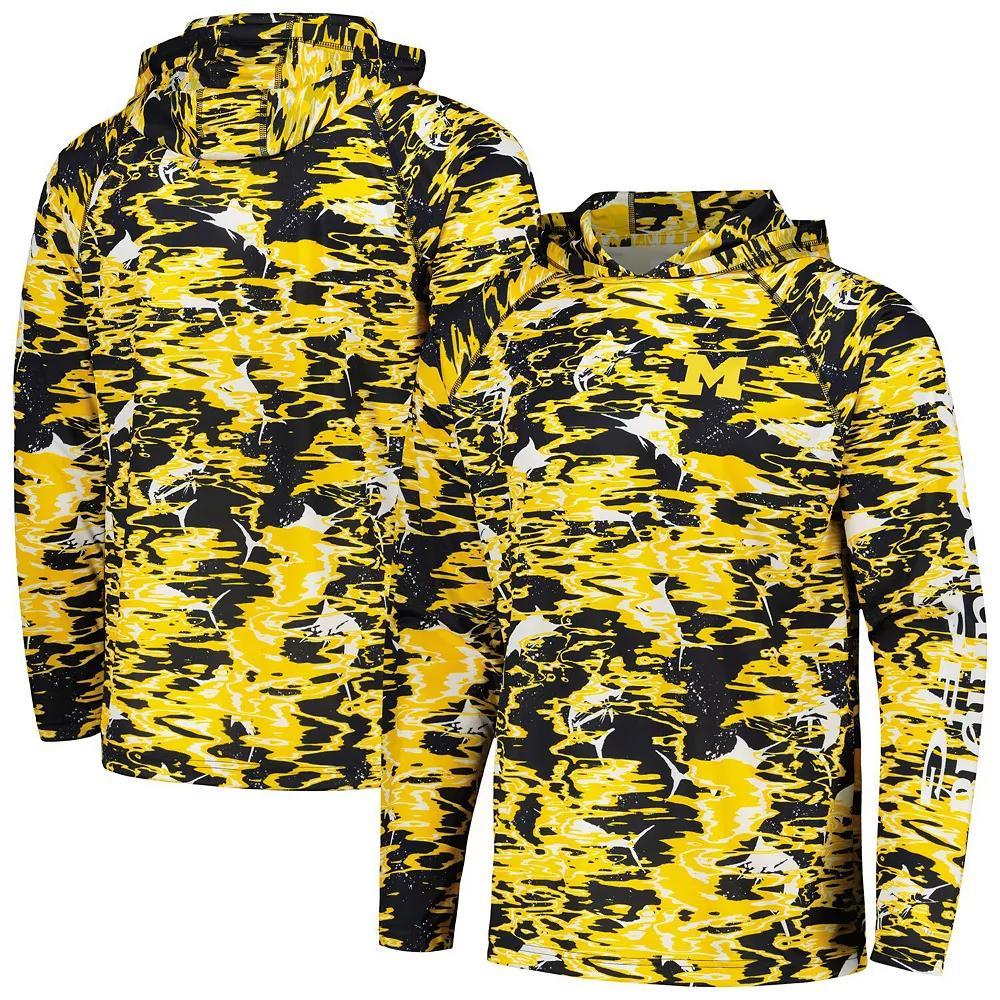 Men's Columbia  Navy Michigan Wolverines PFG Terminal Tackle Omni-Shade Rippled Long Sleeve Hooded T-Shirt, Size: Large, Blue Product Image