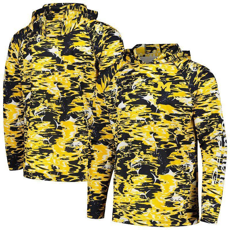 Men's Columbia  Navy Michigan Wolverines PFG Terminal Tackle Omni-Shade Rippled Long Sleeve Hooded T-Shirt, Size: Large, Blue Product Image