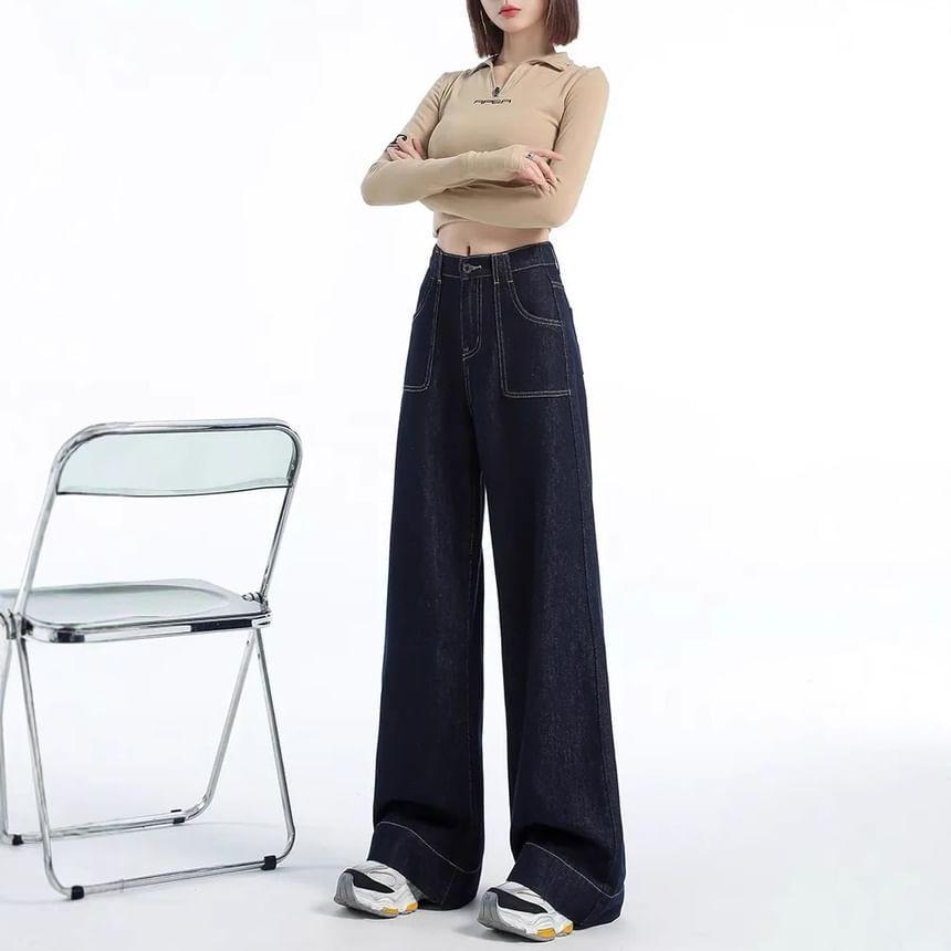 Mid Rise Contrast Stitched Wide Leg Jeans Product Image