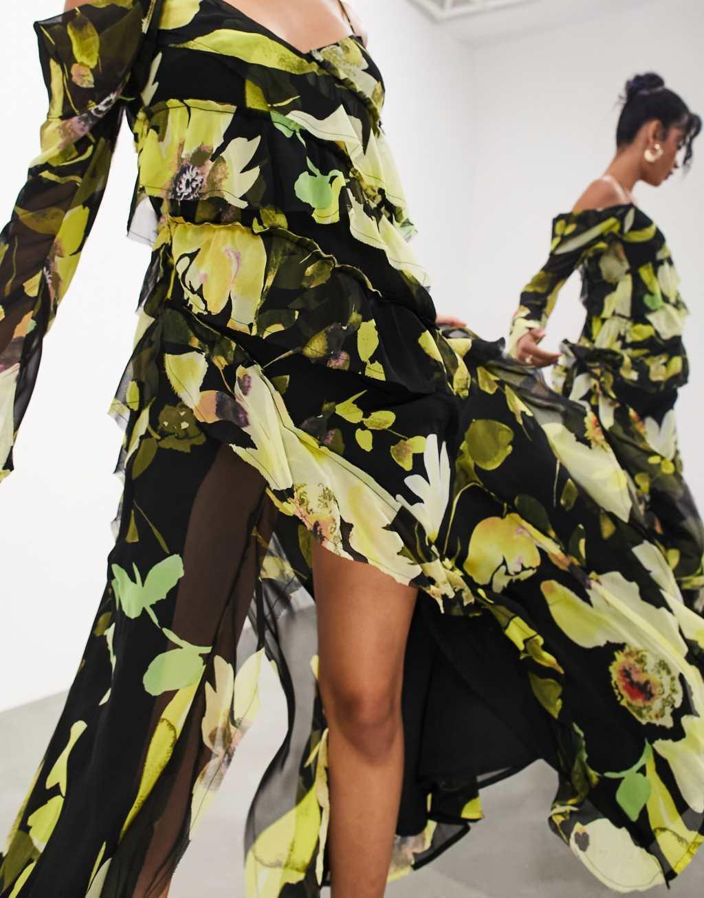 ASOS EDITION long sleeve bias cut maxi dress with raw edge frills Product Image