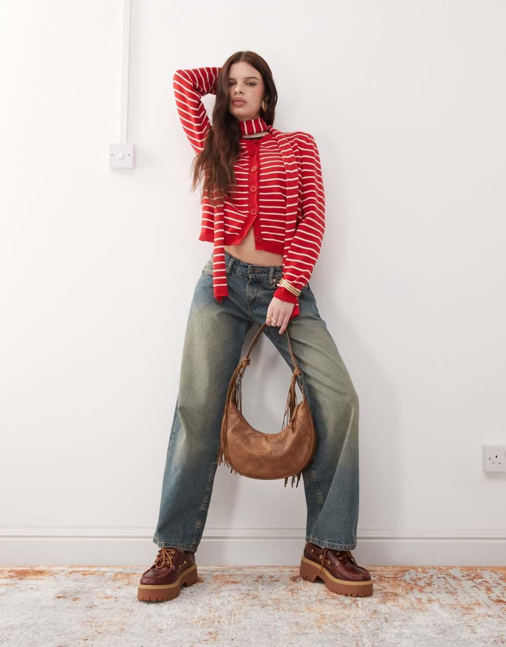 Reclaimed Vintage knit striped cardigan in cream and red Product Image