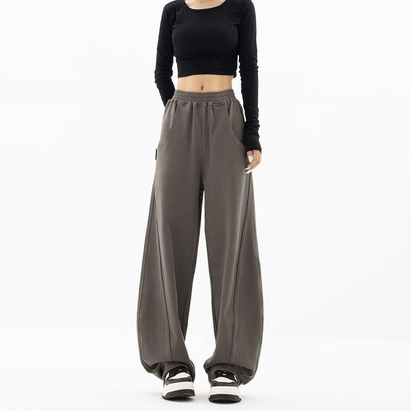 Elastic Waist Plain Wide Leg Sweatpants Product Image